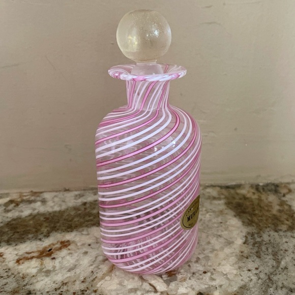 Venetian Murano White Latticino Striped Perfume Bottle Gold Fleck Stopper PINK - Picture 4 of 10